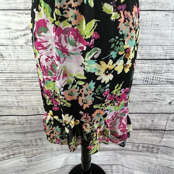 Elementz Skirt sz Large Black Pink Green Floral Sheer Knee Ruffle Modest Wedding - Picture 4 of 9